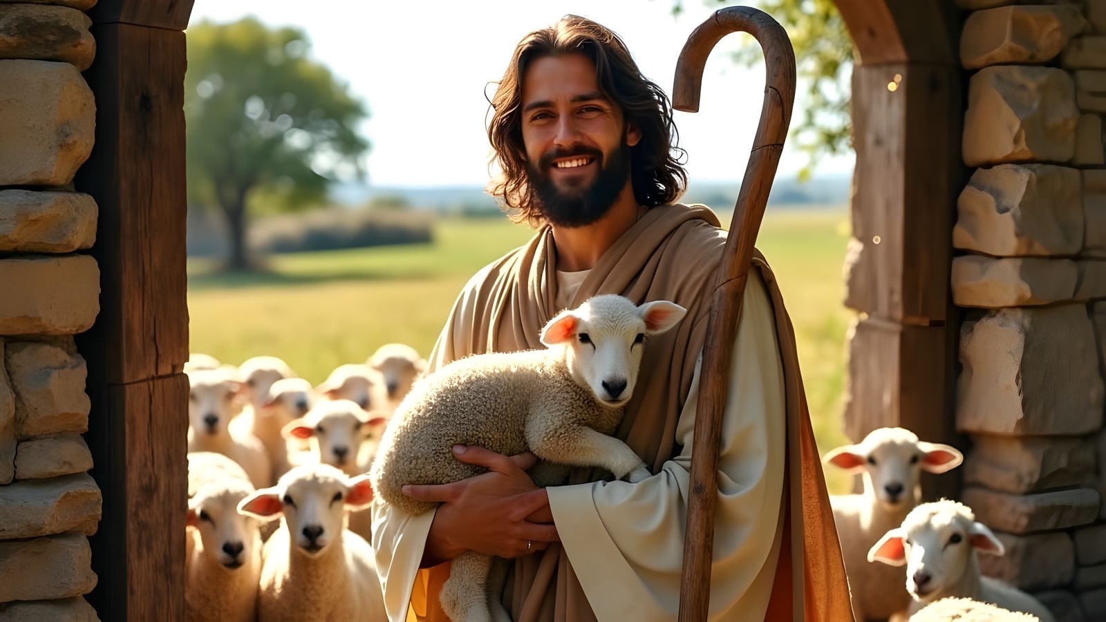 Jesus as the Loving Shepherd in a Sunny Meadow
