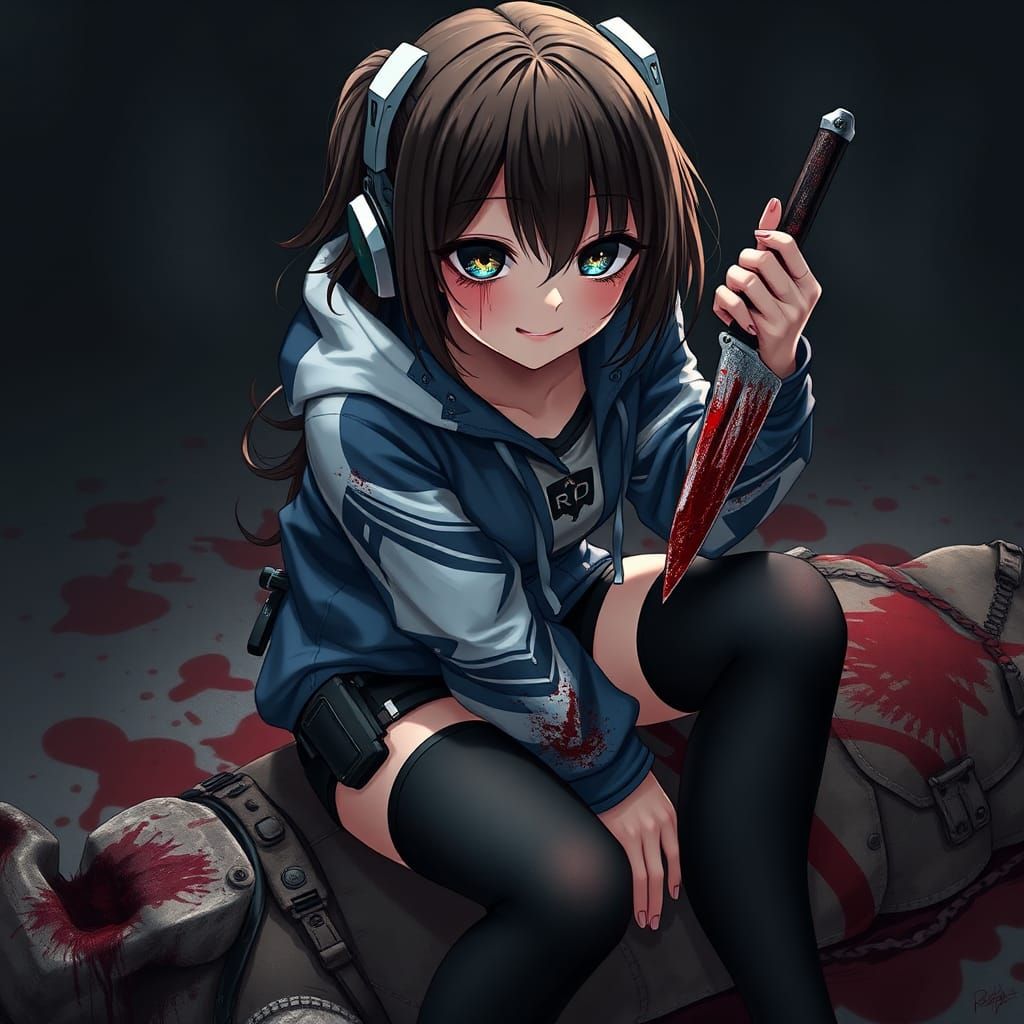 Creepy Anime Girl with Bloody Knife, Dark Concept Art