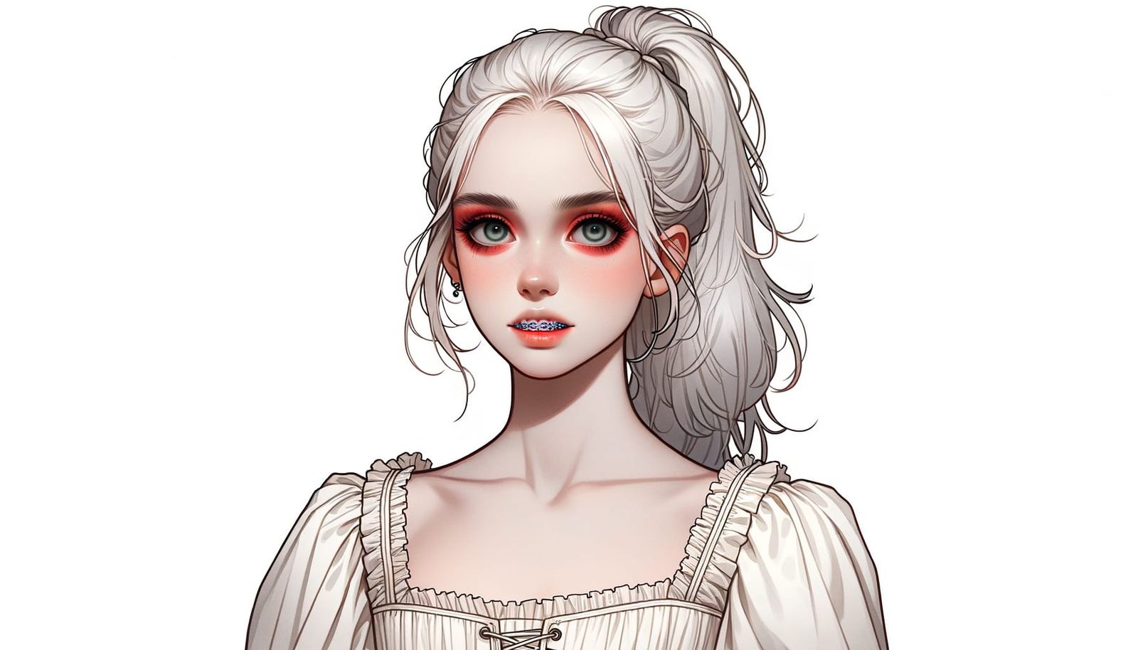 Solemn Girl in 18th Century Dress with Red Eyeshadow