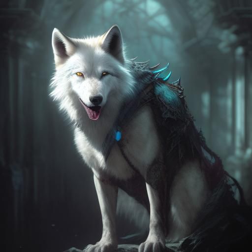 Intimidating White Wolf in Dark Fantasy Style