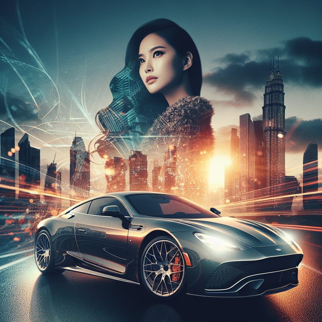 Double exposure beautiful woman and Lamborghini or Ferrari