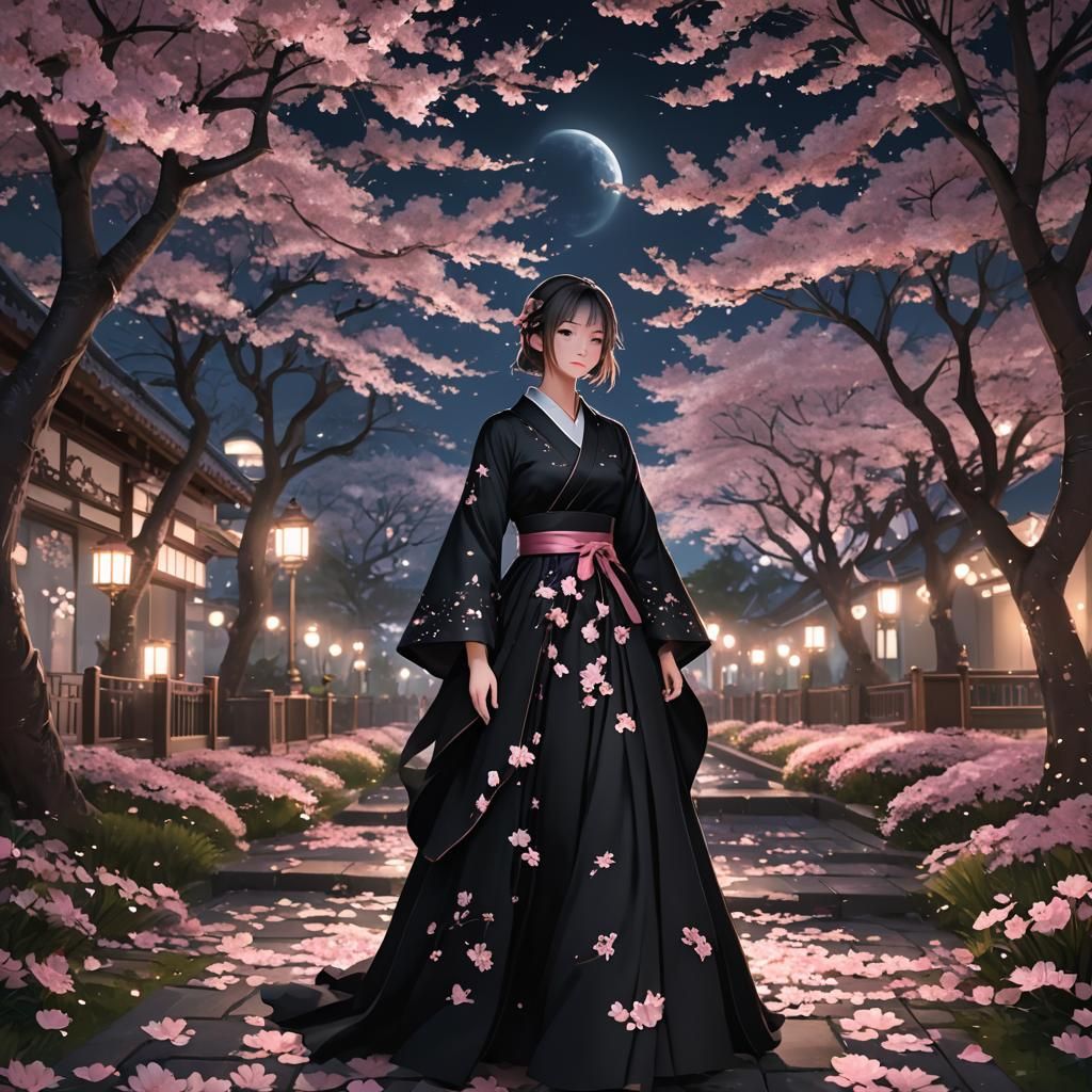 Sakura Girl in Moonlit Garden: 3D Anime Art