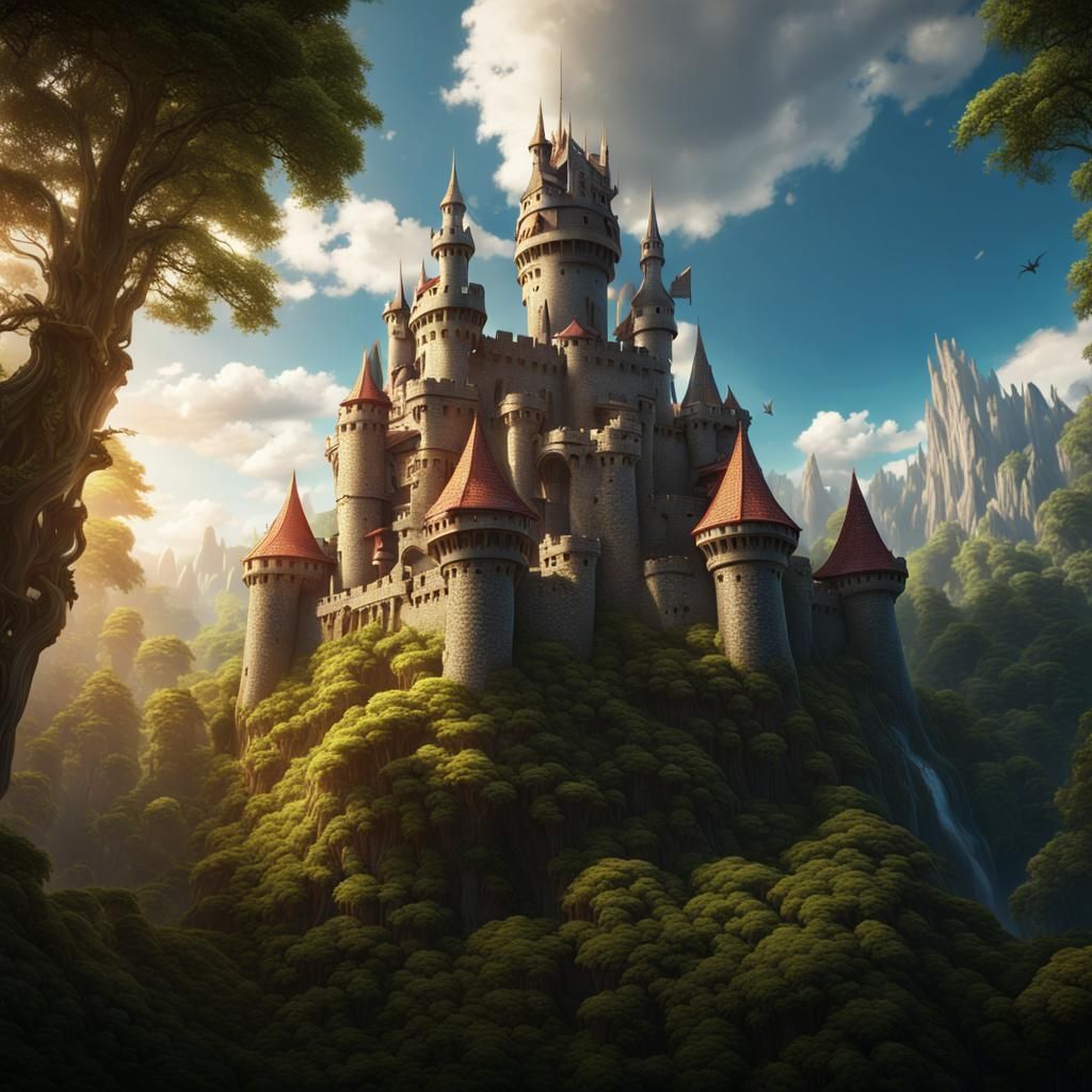 Grand Fantasy Castle with Dragons, Digital Art