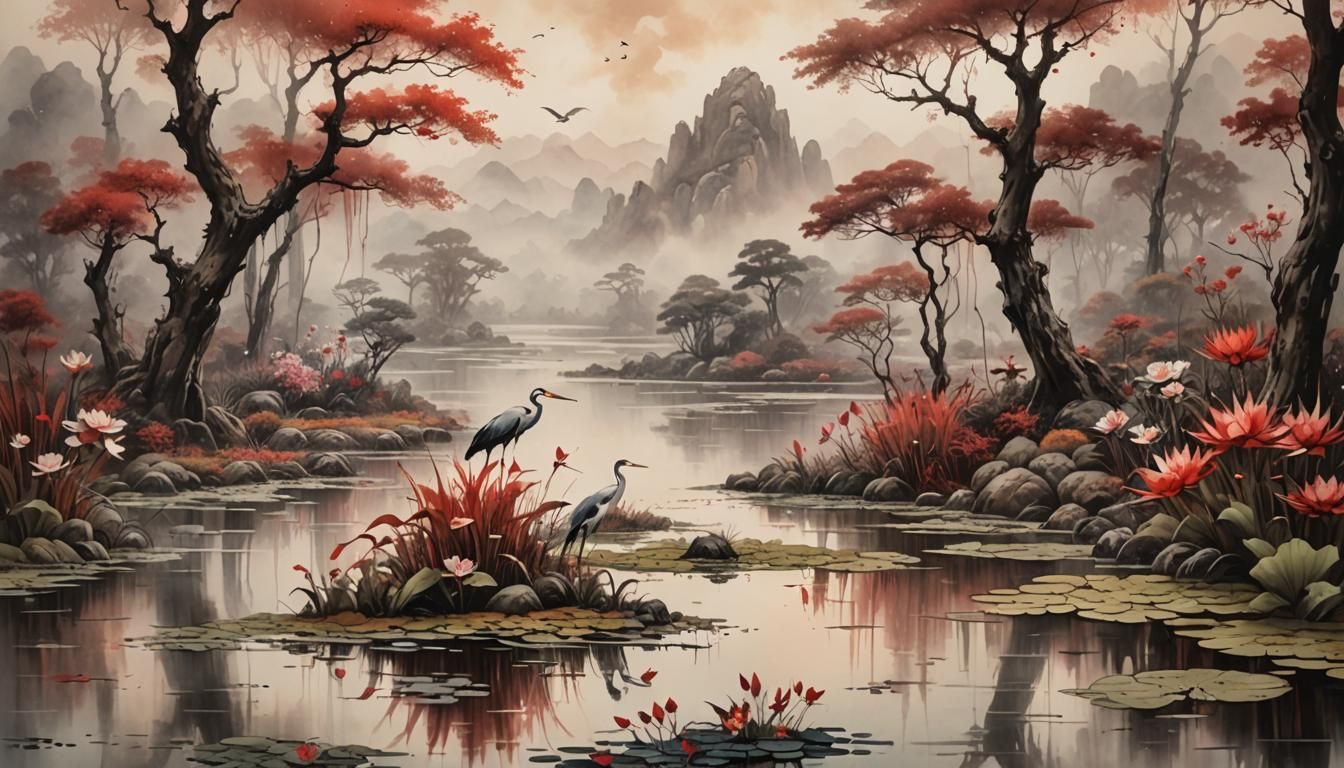 Chinese Ink Art: Red Swamp with Heron