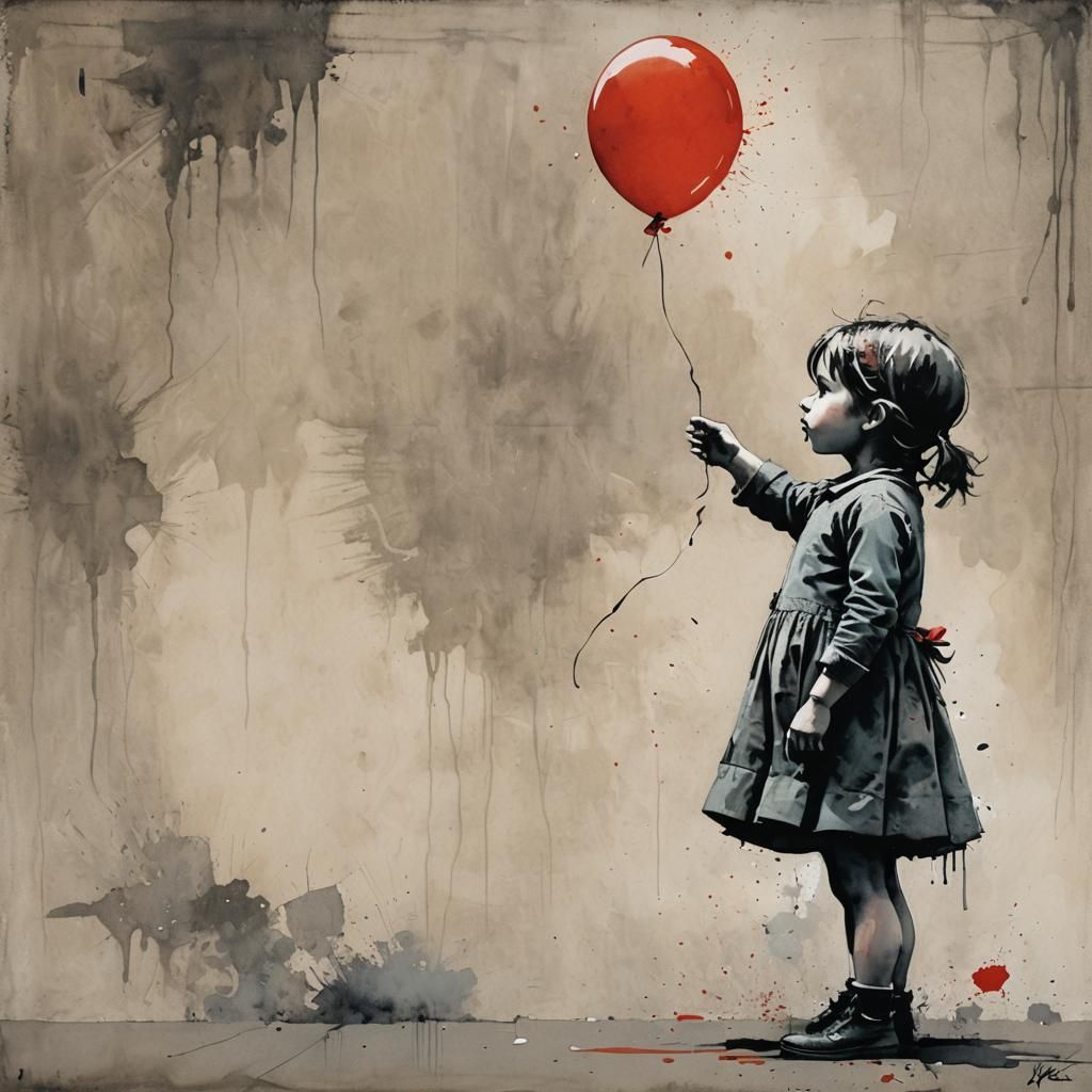 Infant Girl with Red Balloon in Watercolor Style