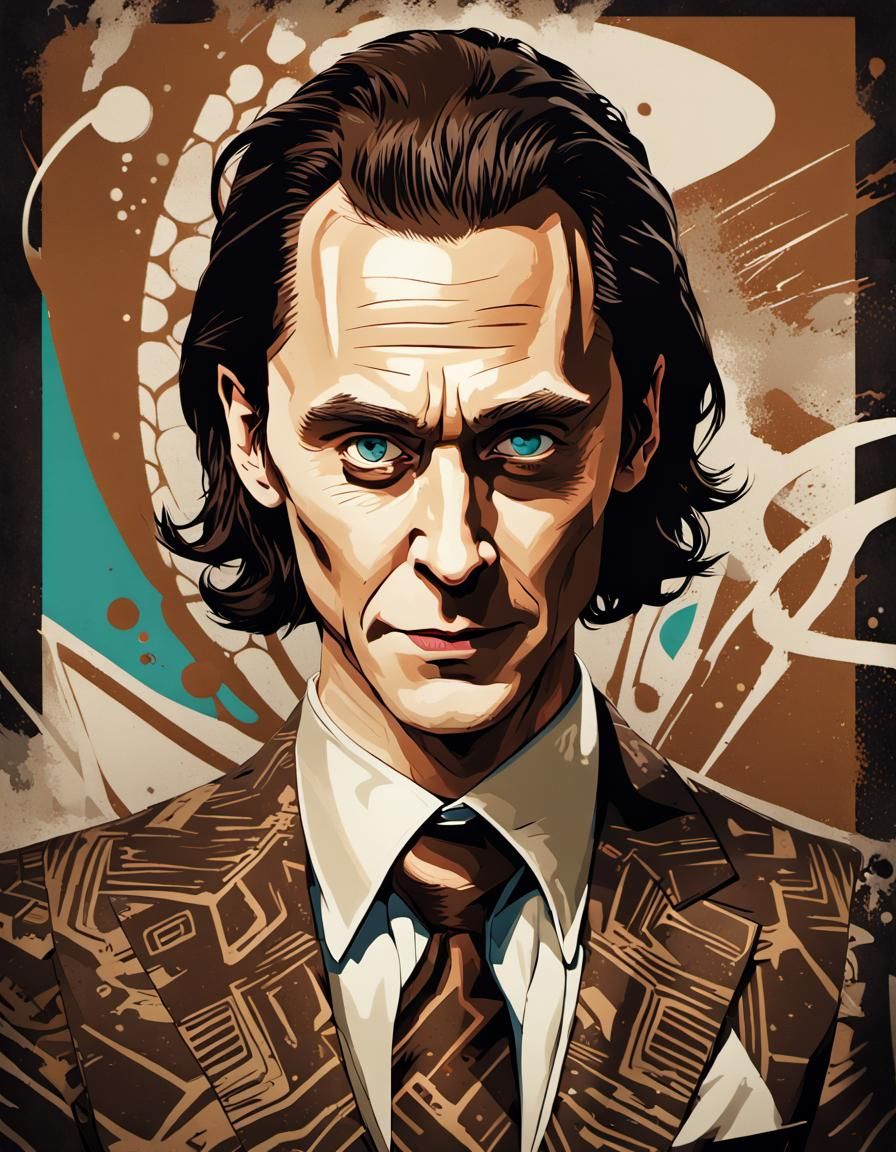 Loki TV series portrair poster. Retro 70s style, brown suite...