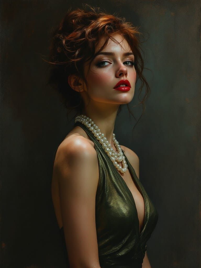 Gestural Portrait of Redhead in Green Dress