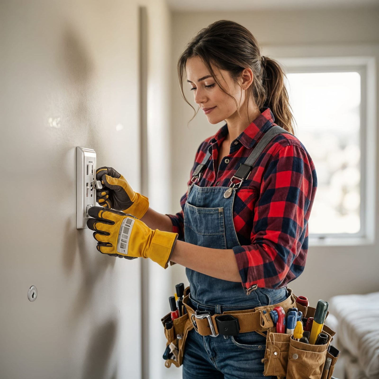 Woman Electrician Fixing Outlet in Modern Home