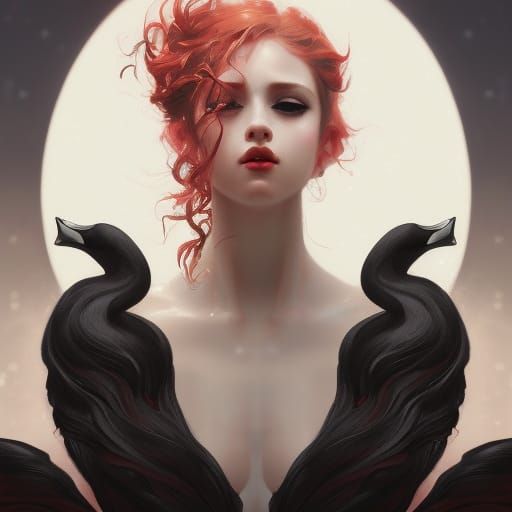 Elegant Swan Portrait with Red Hair, Art Nouveau Style