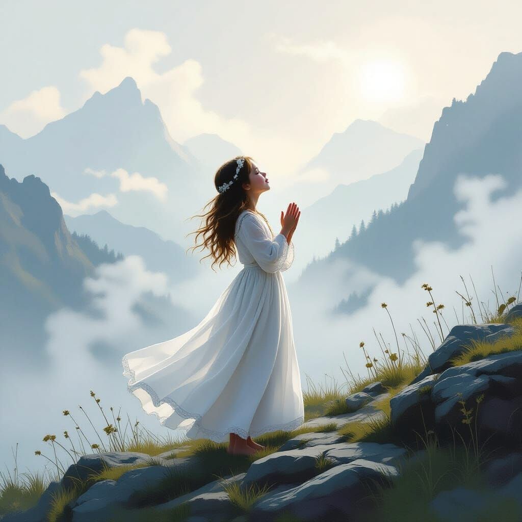 Ethereal Girl Sings on Misty Mountain: Impressionist Paintin...