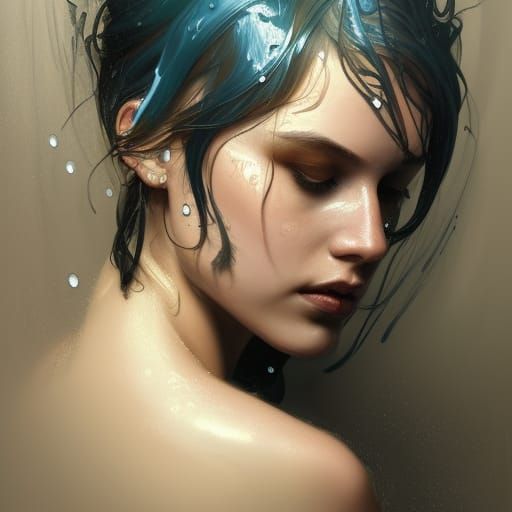 Detailed Portrait Under Shower, Digital Art