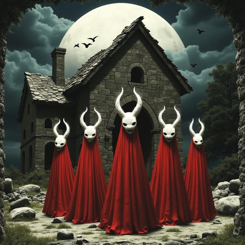 Ethereal Ghouls Amidst Ruins at Moonlit Night: Digital Artwo...