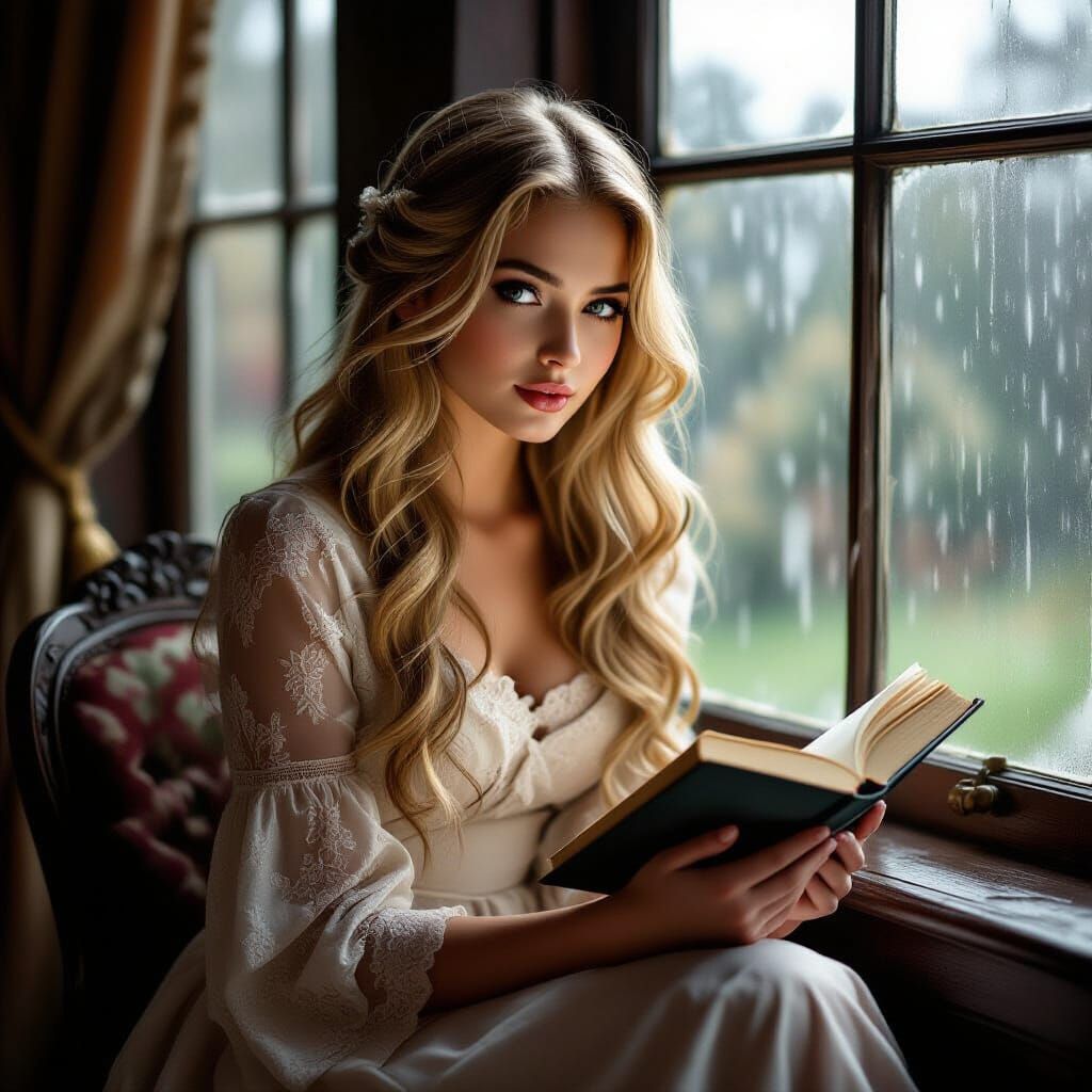 Woman Reading by Window in Vintage Style