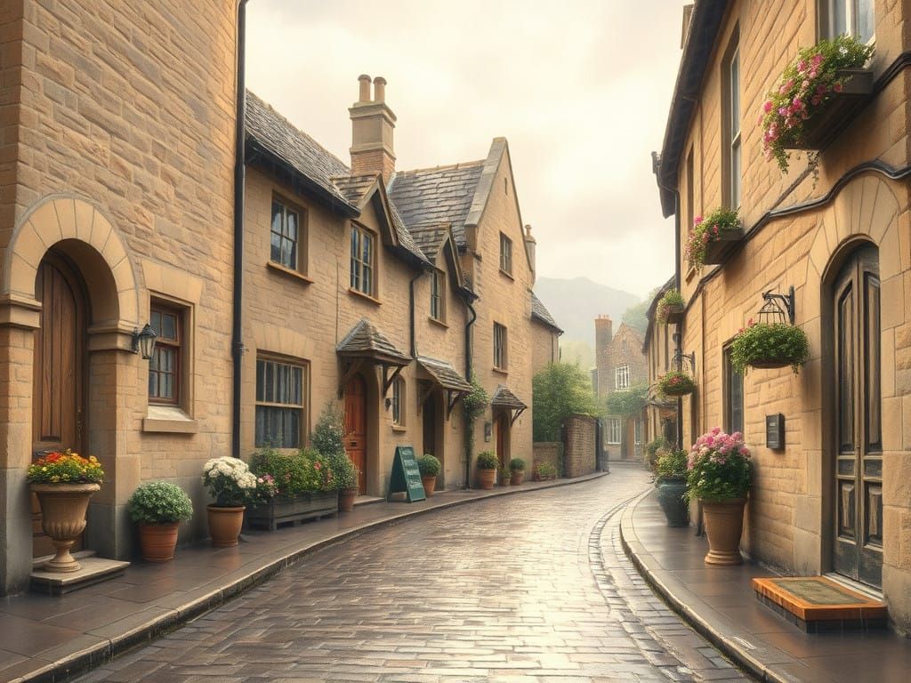 Vintage England Street Scene in Soft Pastel Hues