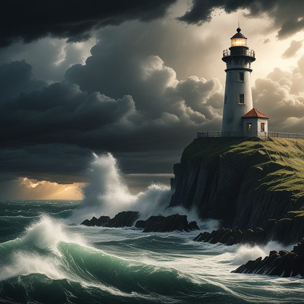 Weathered Lighthouse Beams Over Stormy Sea in Photorealistic...