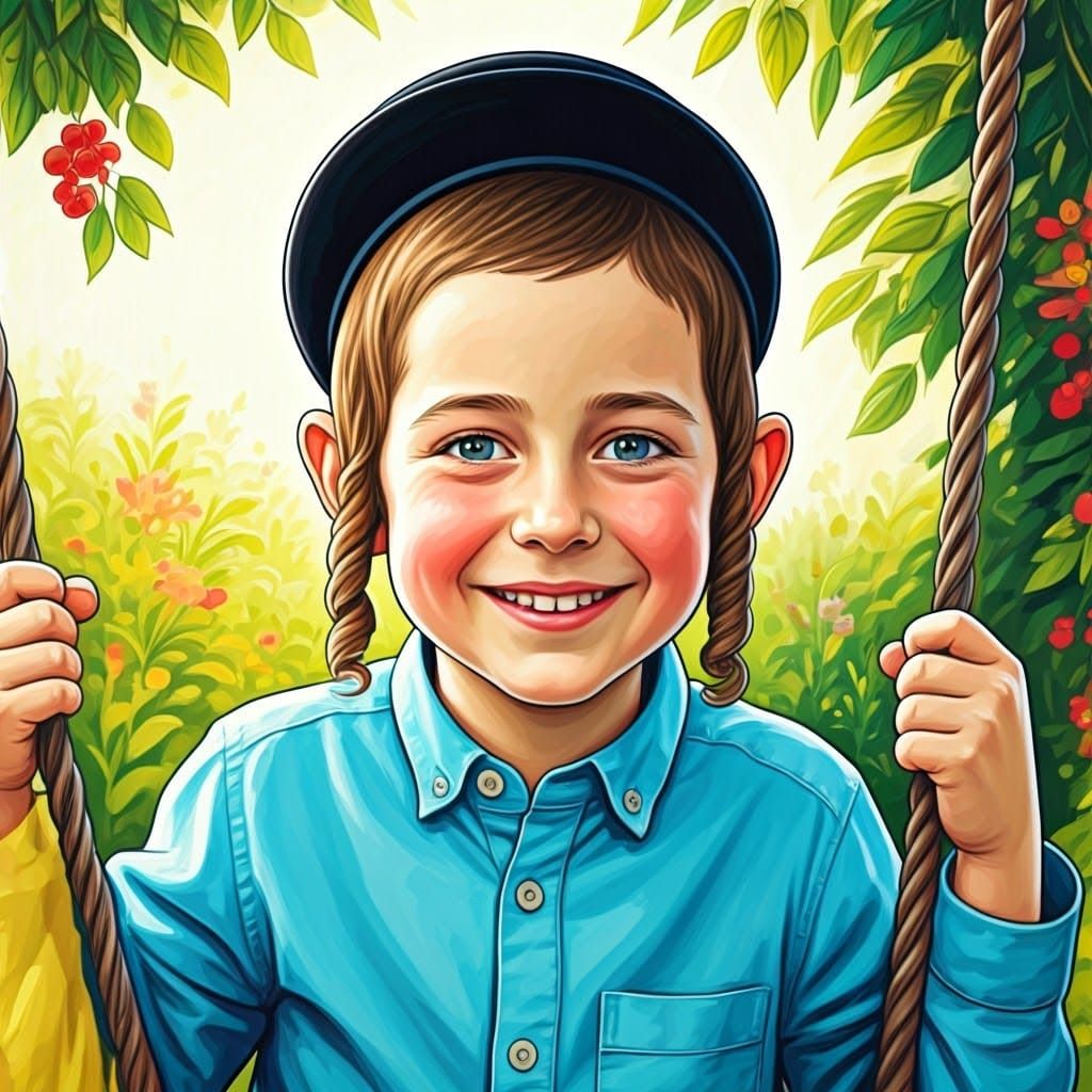 Joyful Orthodox Boy Swinging in Garden, Naive Art Style