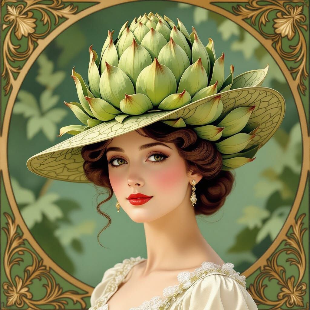 Woman in Art Nouveau Artichoke Hat