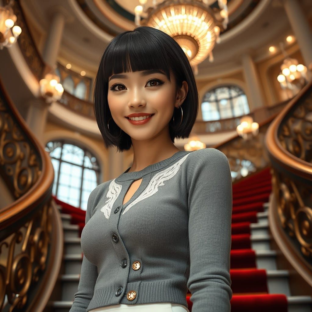 Elegant Woman in Gray Cardigan, Delicate Features and Inquis...