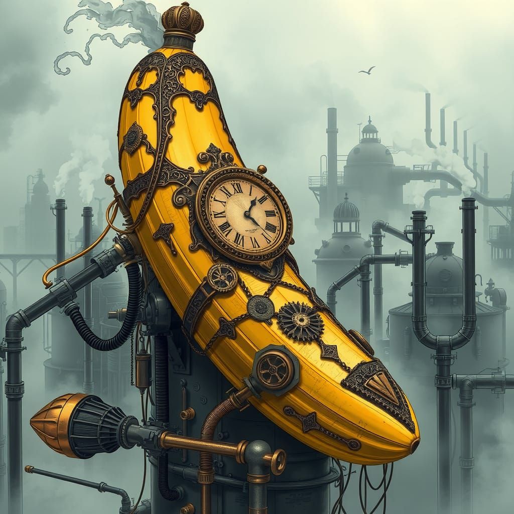 Steampunk Clockwork Banana Over Metropolis, Comic Book Style