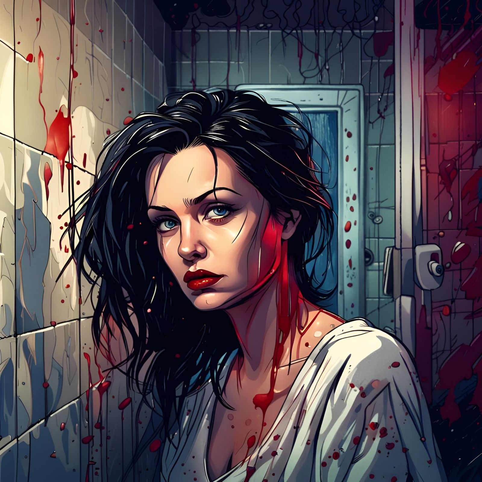 Sad Woman Applying Lipstick in Comic Style