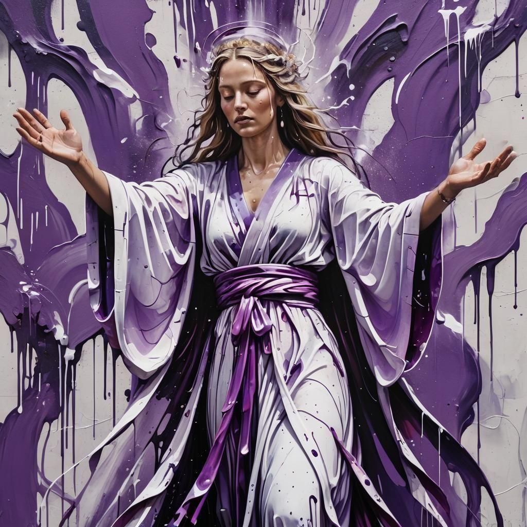 Purple Goddess with Waterfalls in Graffiti Art Style