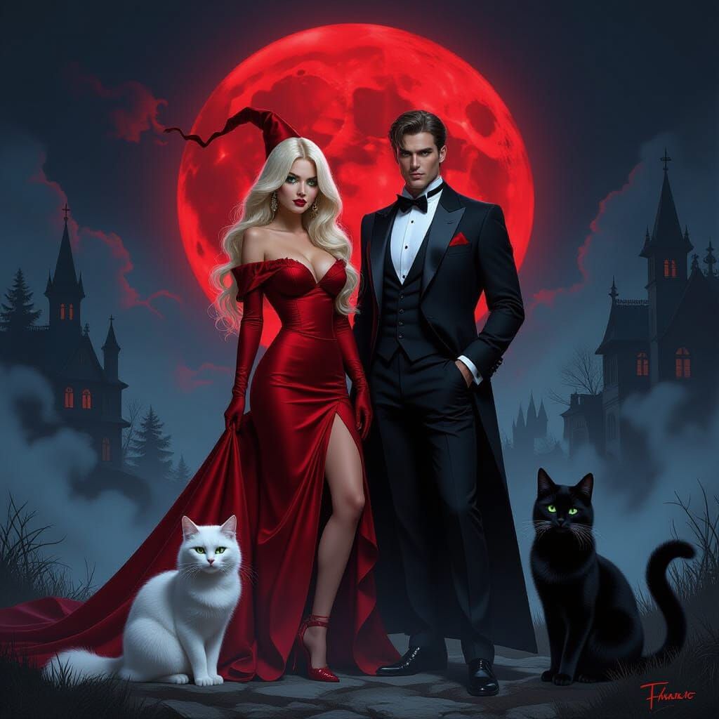 Dark Fantasy Halloween Scene With Witch and Warlock Under Re...