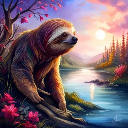 Sloth Fishing at Dreamy Lake Shore in Fantasy Illustration