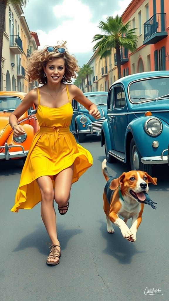 Woman Chasing Beagle in Vintage Car Field