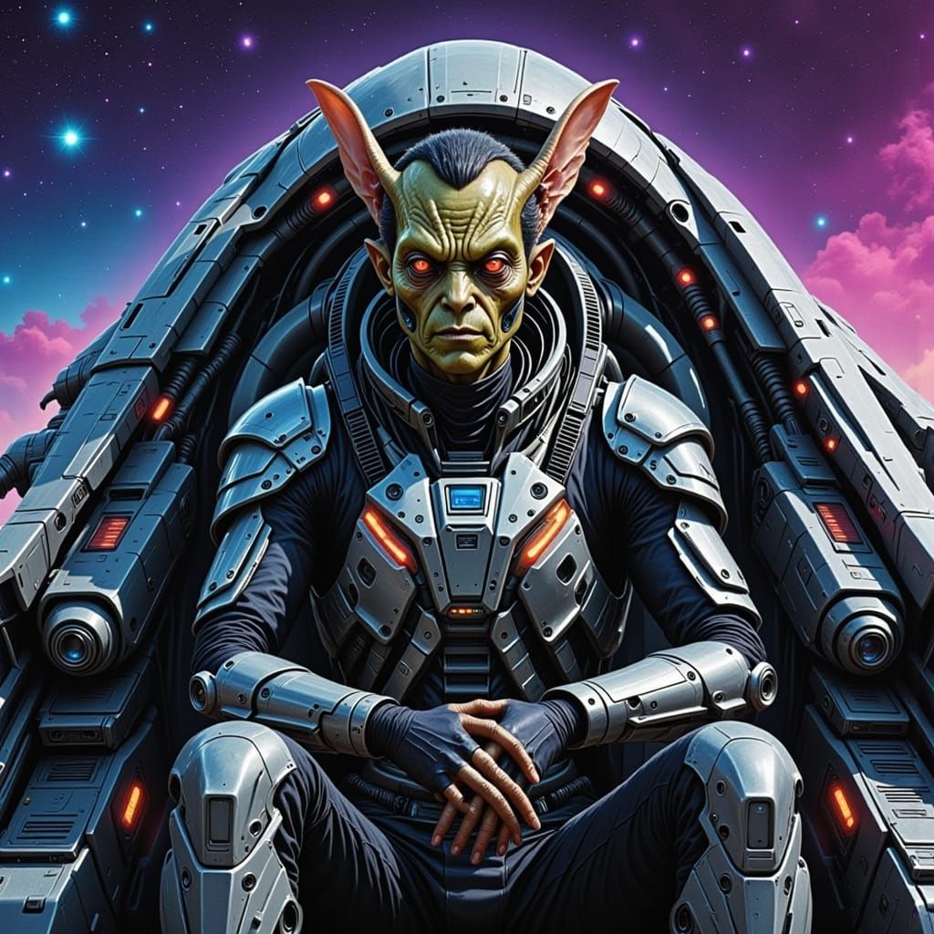 Gritty Alien Starfighter Pilot in Neon-Lit Night Sky