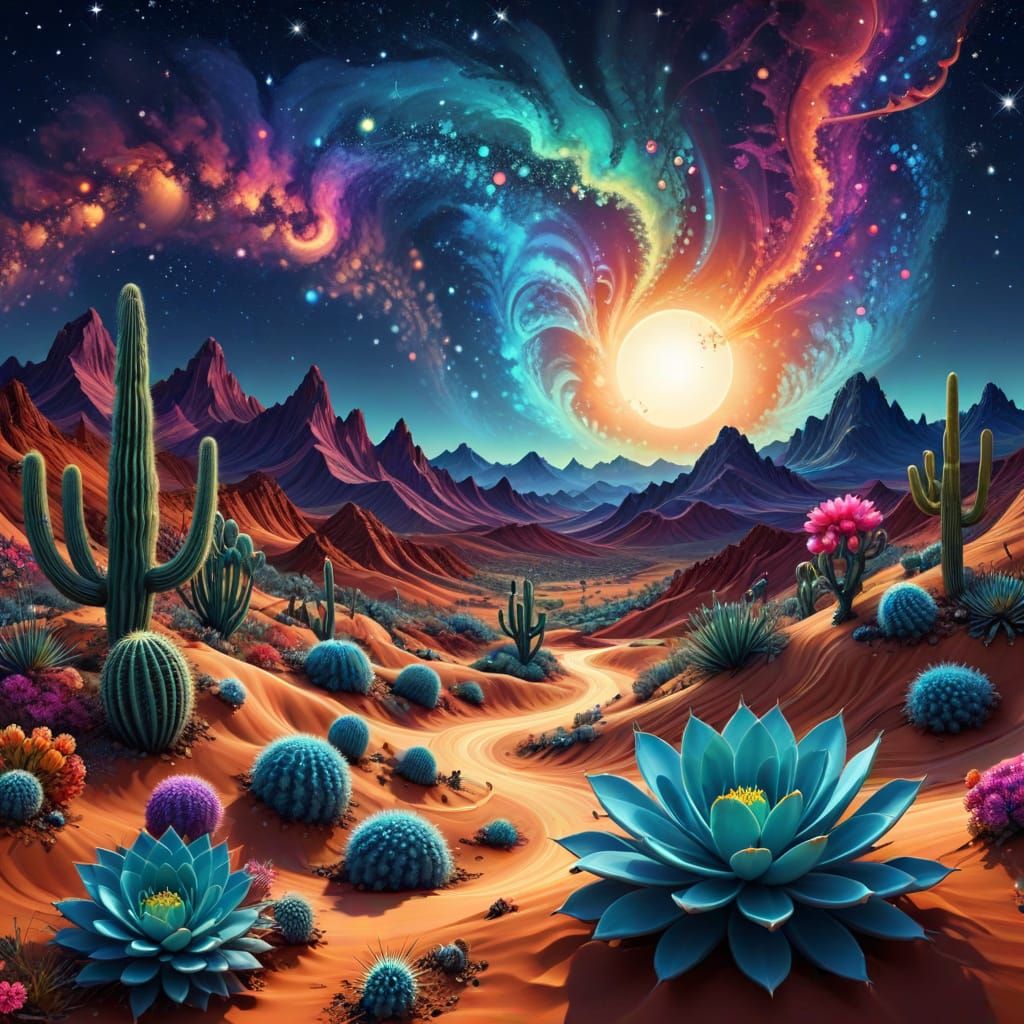 Abstract Galaxy Sky Over Flowery Cactus Desert Landscape