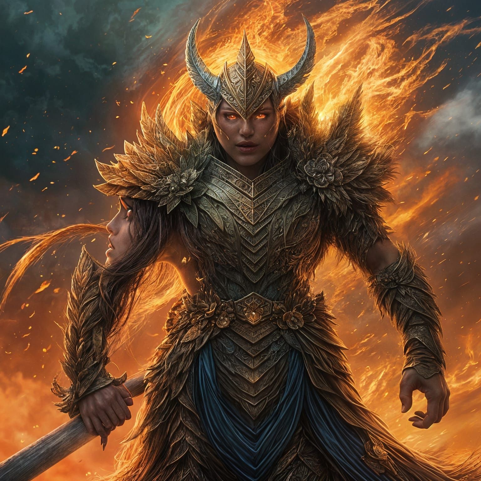 Dragon-Human Hybrid Warrior on Volcanic Battlefield