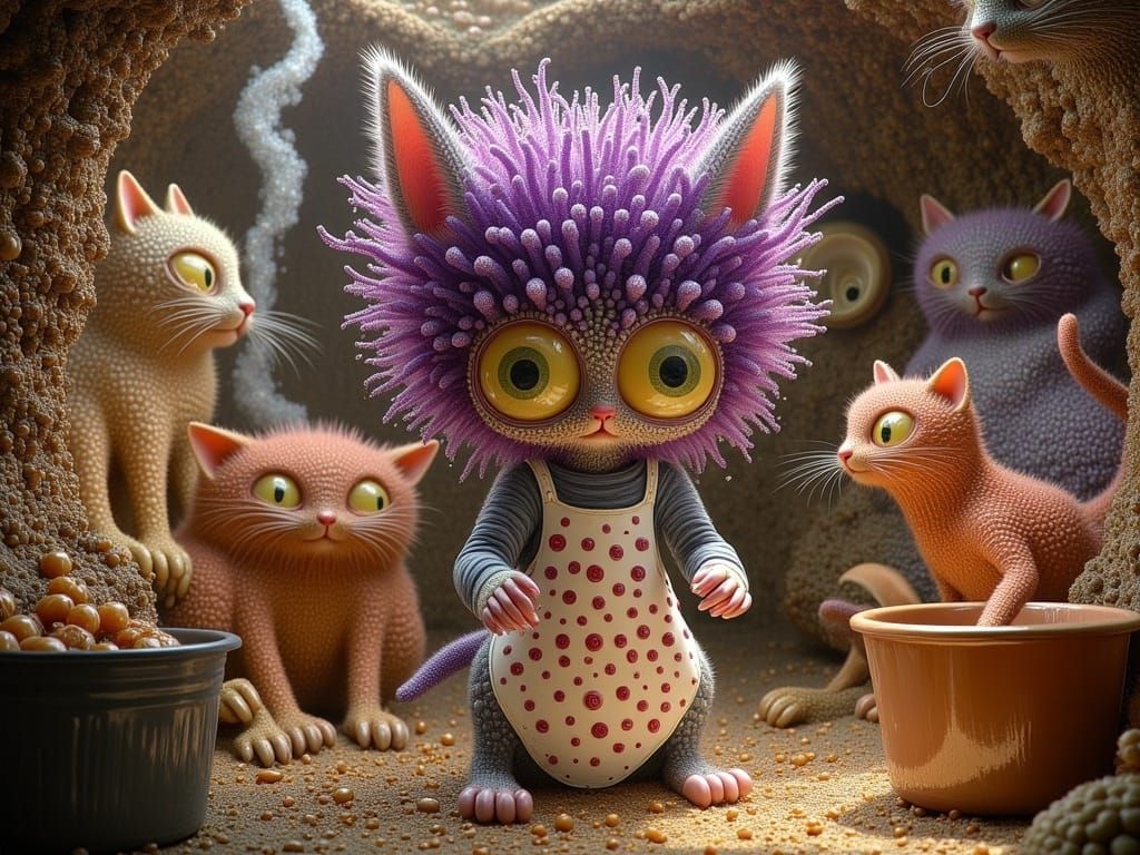 Whimsical Alien Surrounded by Glowing Cats