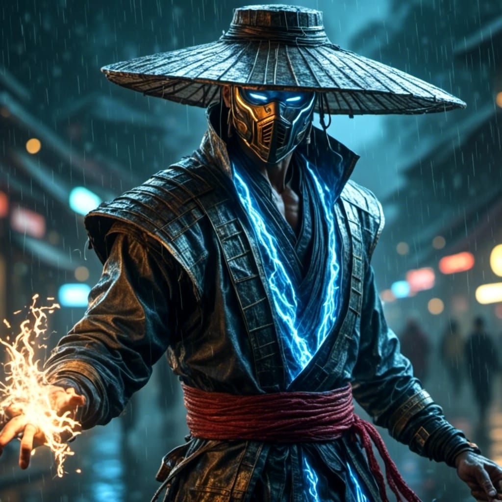 Raiden from Mortal Kombat Concept Art in Neon Style