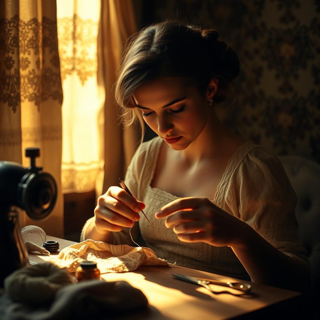 Serene Seamstress: A Nostalgic Cinematic Portrait