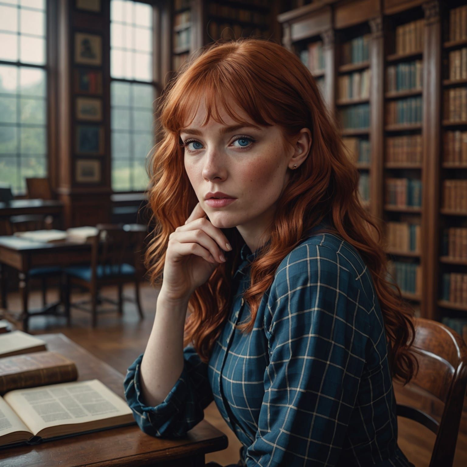 Red-Haired Woman Silencing Library, Detailed Digital Art