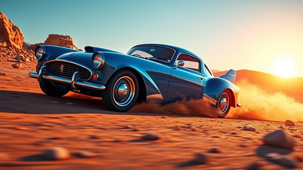 Sleek Blue Hotrod Speeds Across Rocky Sunset Desert Track