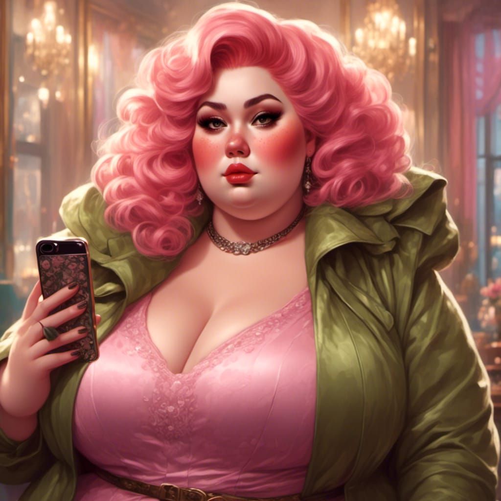 Curvy Woman in Green Silk Coat Takes Selfie