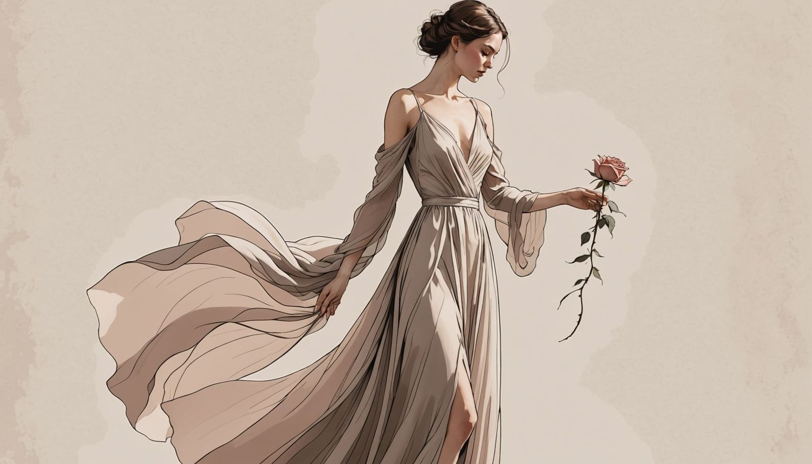 Ethereal Fashion Sketch: Woman in Flowing Gown with Rose