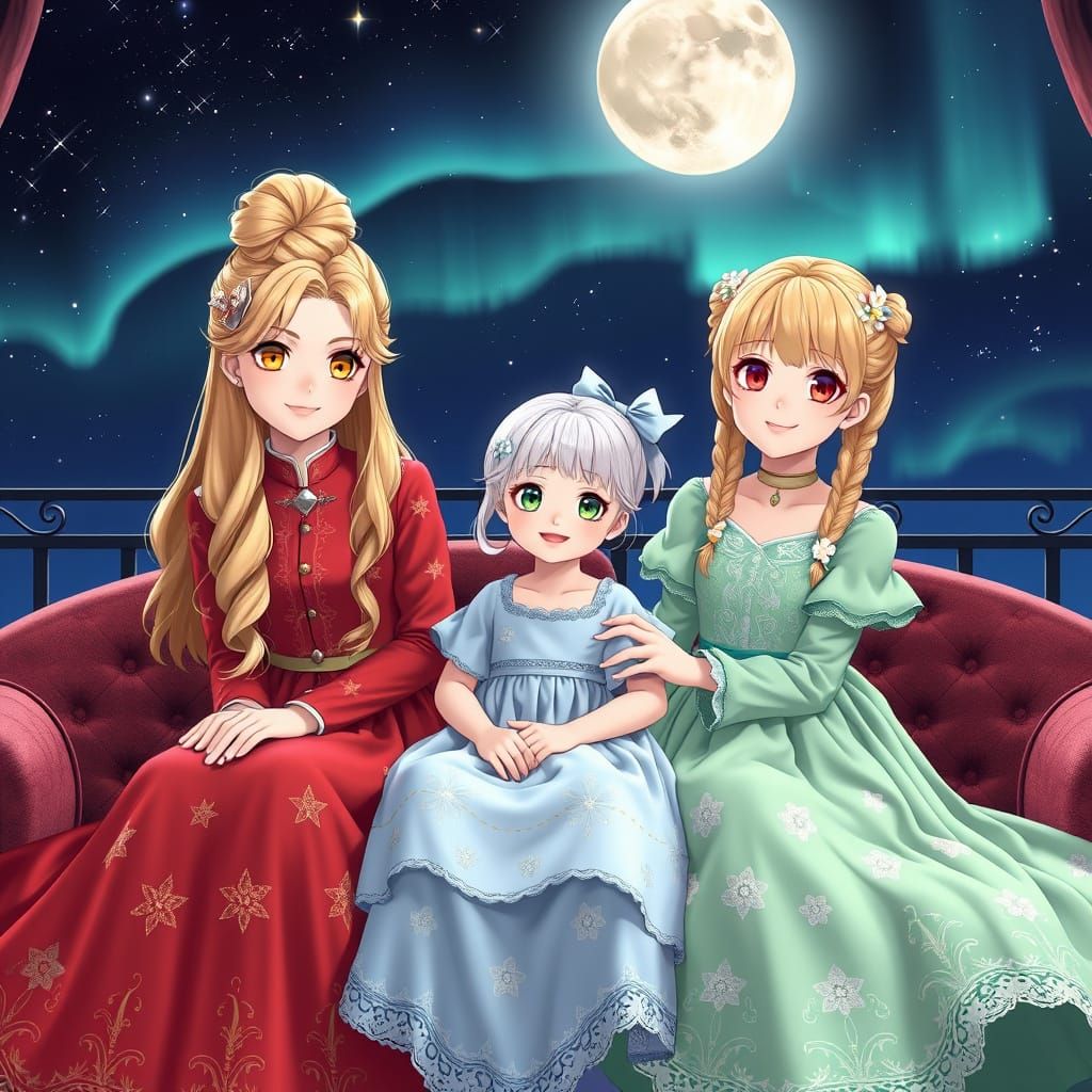 Three Sisters Under the Starry Night Sky in Elegant Attire