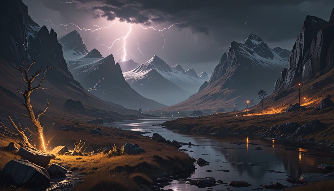 Ethereal Scottish Highlands at Night, Illuminated by a Blazi...