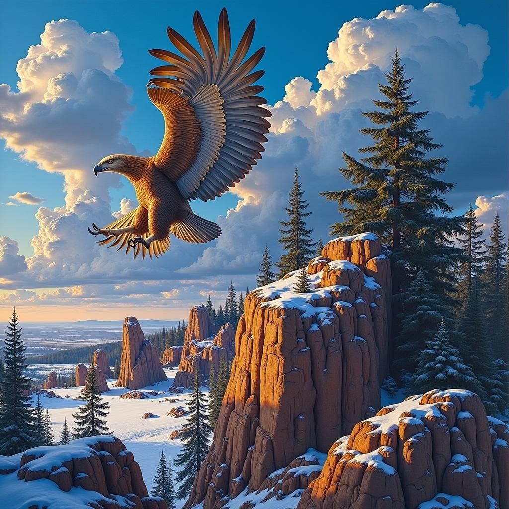 Majestic Eagle Soars Over Polish Landscape, Surreal Art