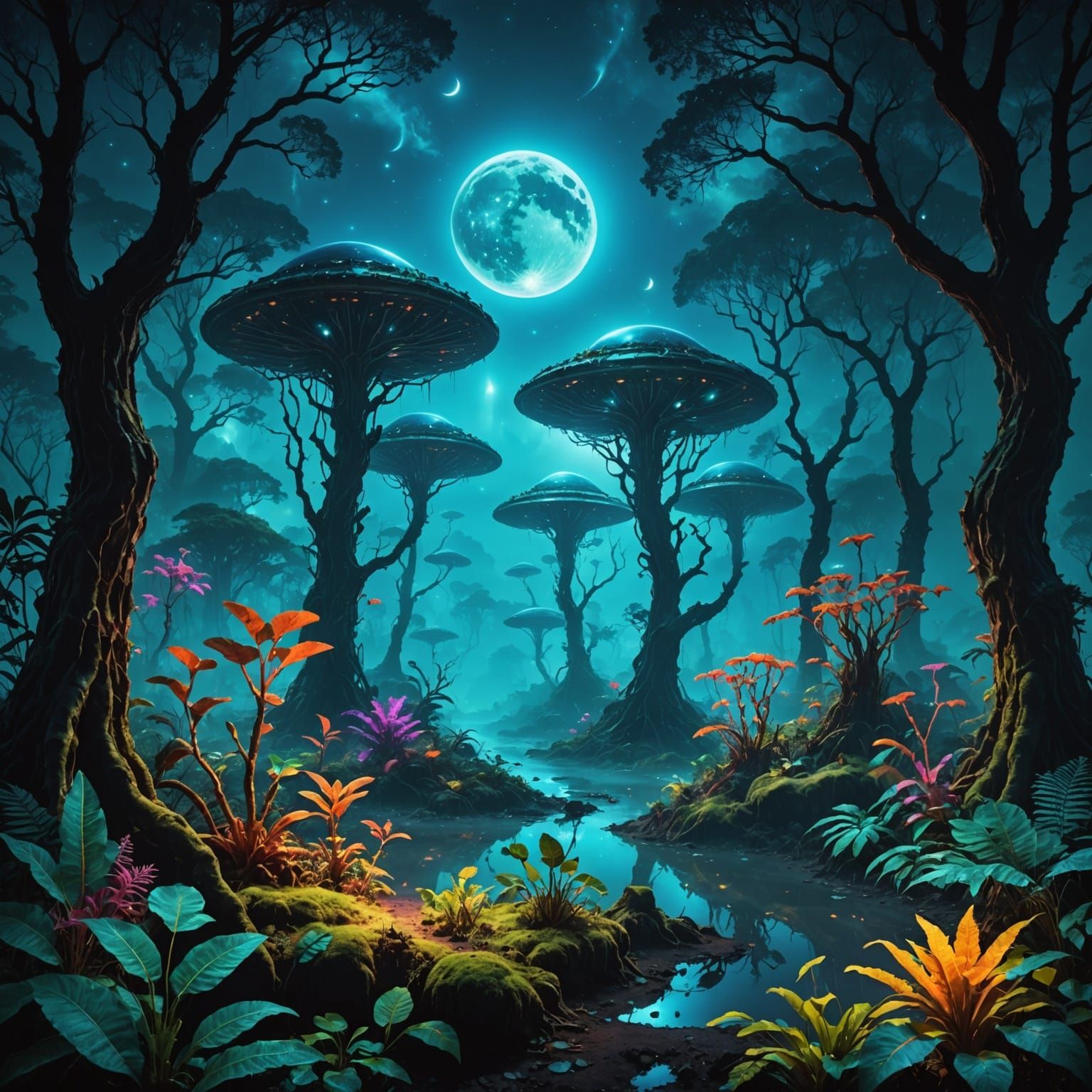 Alien jungle at twilight, bioluminescent trees, glowing plants, distant moons in the sky, dense mist on the forest floor