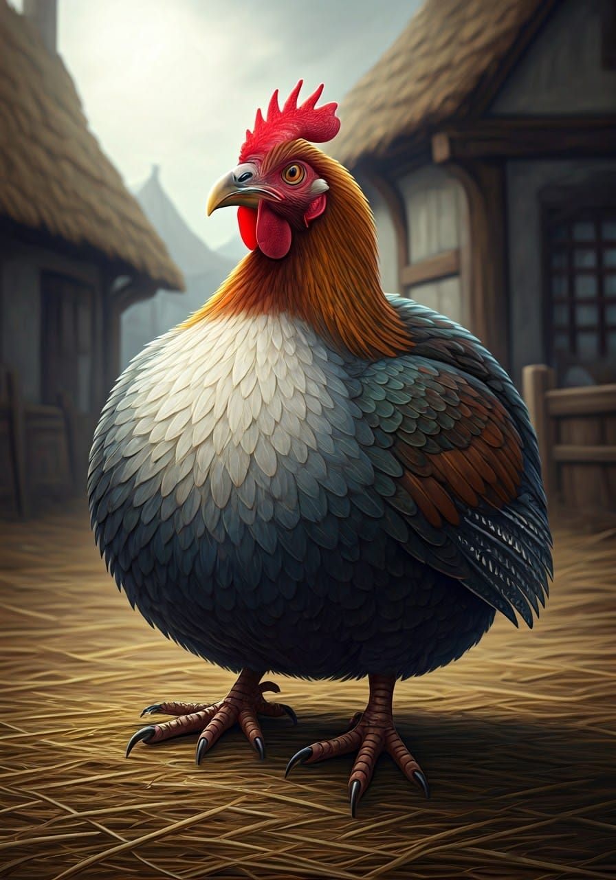 Plump Hybrid Bird in Medieval Barnyard