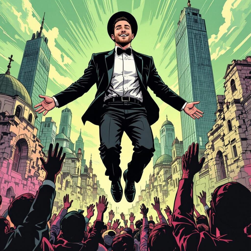 Man Levitates Above Crowd in Comic Book Style