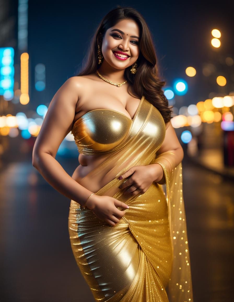 Golden Saree in Neon City: Hyperrealistic Portrait