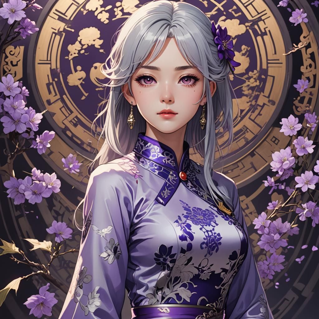 Anime Witch with Violet Eyes in Cheongsam