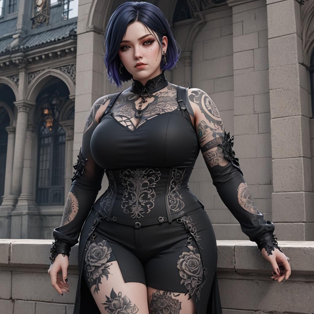 Curvy Girl in Goth Style 3D Anime Art