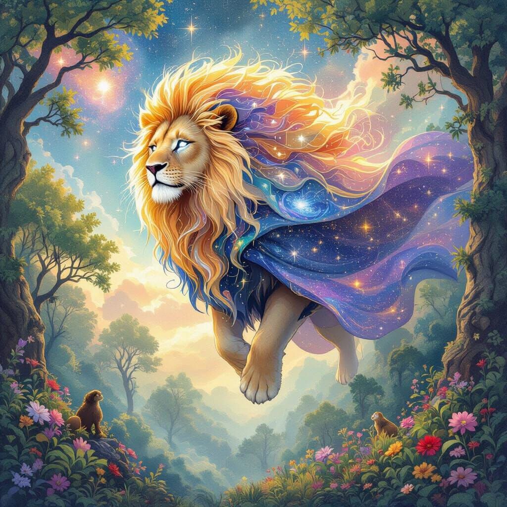 Celestial Lion Descends From Heaven in Watercolor Style