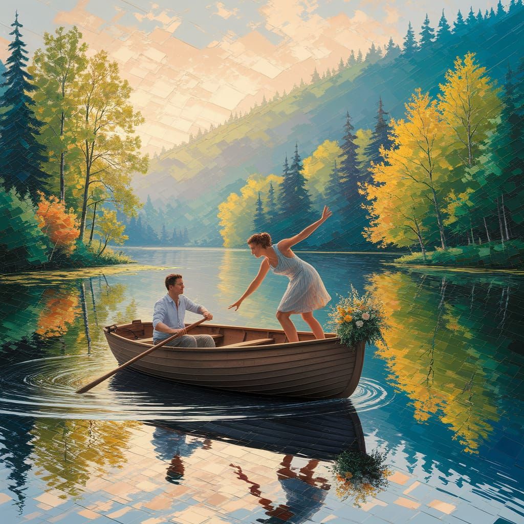 Impressionist Oil Painting of a Serene Forest Lake Scene