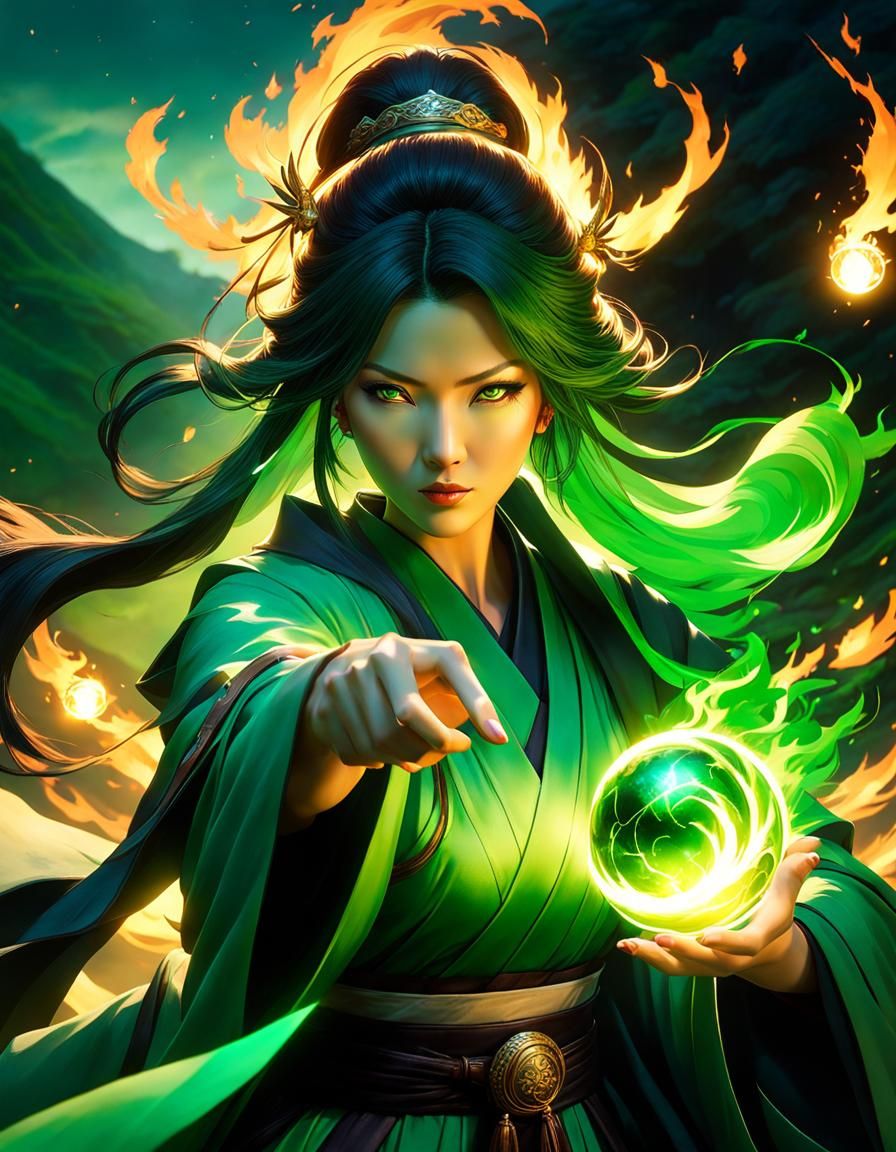 Japanese Sorceress Wielding Green Fireball